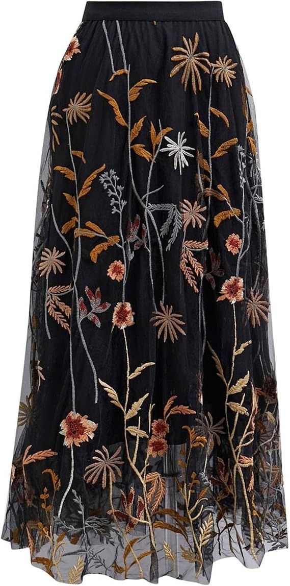 Black Floral Embroidered Midi Skirt image 3